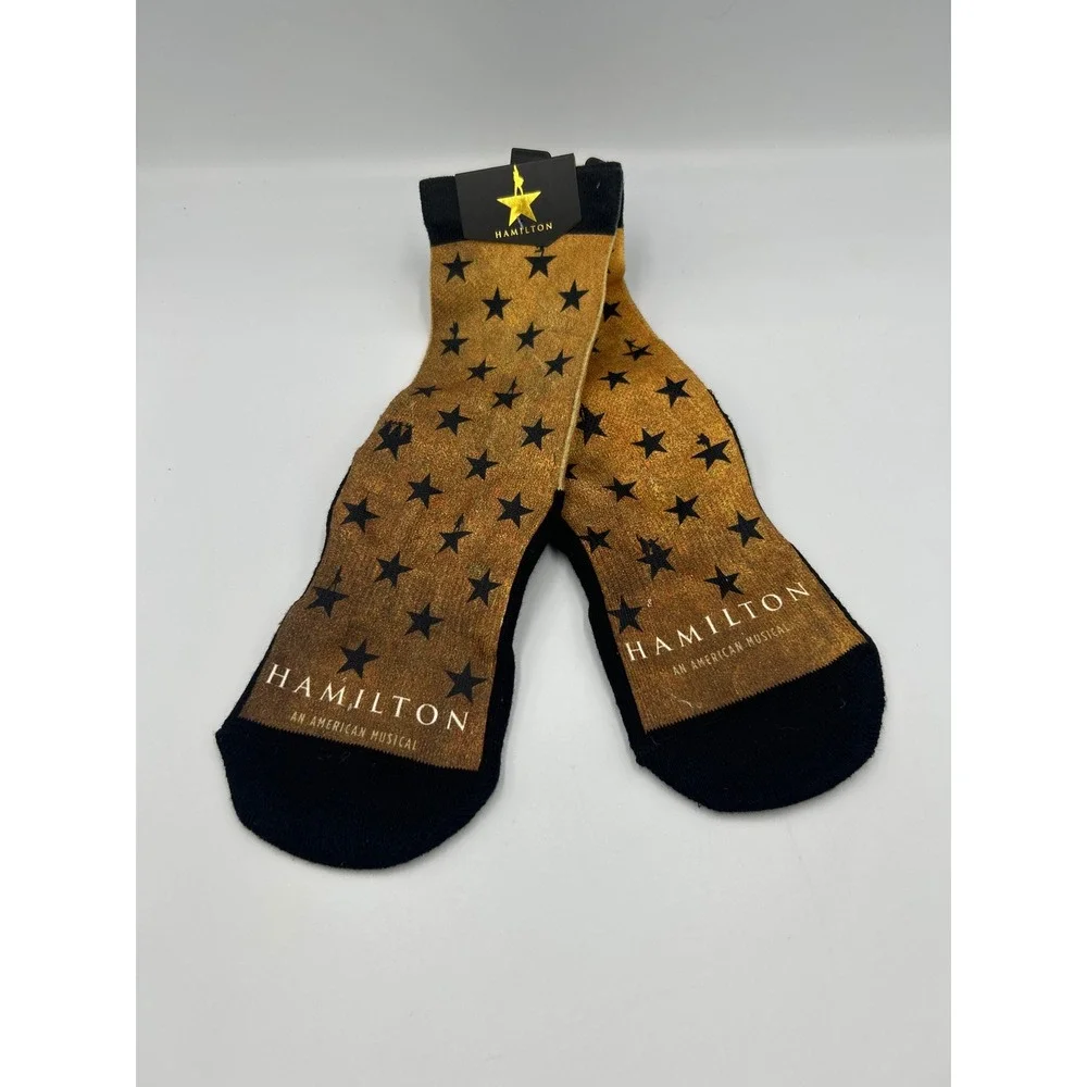 Hamilton An American Musical Broadway Crew Socks Gold Black Star Pattern‎ Unisex